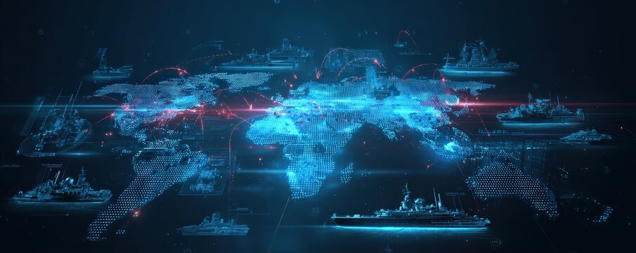 A digital map featuring military ships and a network of connections, symbolizing global naval presence and advanced technology.