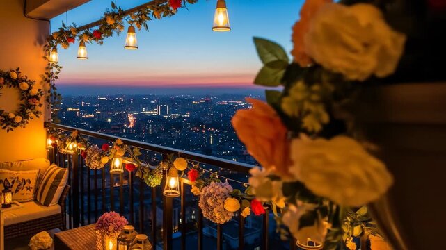 Beautifully decorated balcony with city lights at sunset, showing a floral arrangement and outdoor furniture at dusk with glowing lanterns footage.