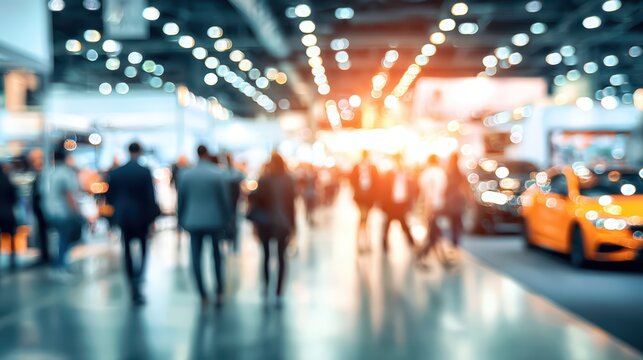 LargeScale Trade Show Scene with Blurred Crowds, Vibrant Cars and Abstract Backdrop Ideal for Busy Campaigns or Expo Promotions, Boosting Energy and Inspiring Innovation.
