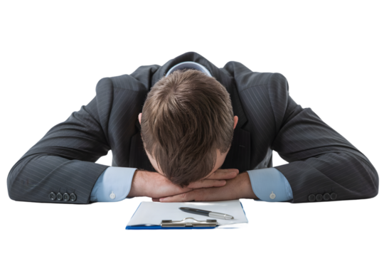 Stressed businessman with head down on desk isolated on transparent background - Powered by Adobe