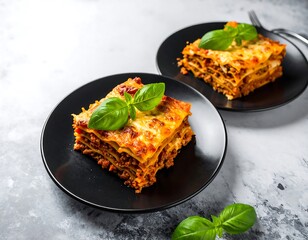 Two servings of lasagna on black plates