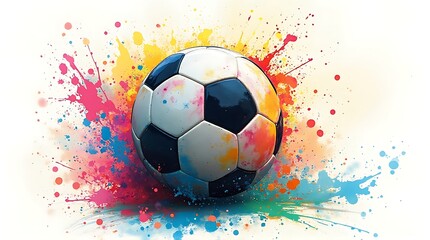 Fototapeta premium Colorful Soccer Ball Amidst a Burst of Abstract Paint Splashes