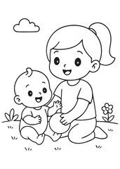 coloring book sister and baby brother sitting on grass together