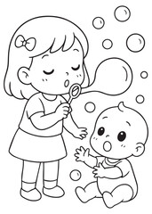 coloring book sister blowing bubbles while baby brother claps