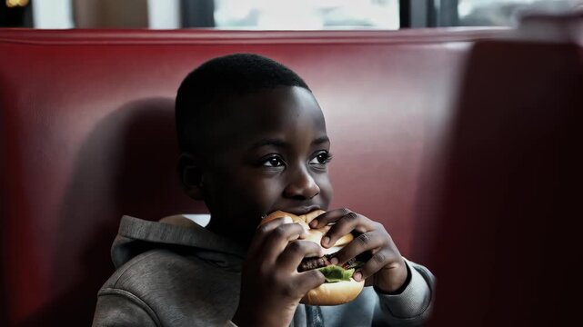 Pensive black child in grey hoodie eats burger alone inside restaurant. Young boy sits thoughtfully in red booth, slowly consuming his meal by window.