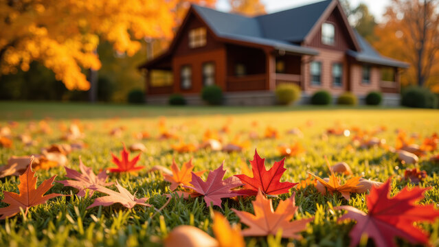 Cozy log cabin surrounded by vibrant autumn leaves creates picturesque scene of fall beauty and tranquility - Powered by Adobe