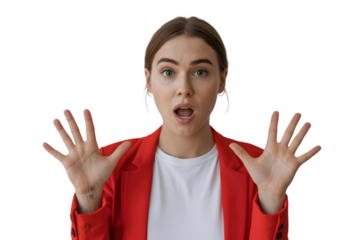 Surprised woman with open mouth and hands up isolated on transparent background
