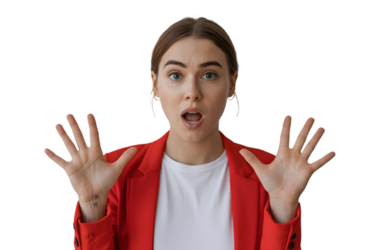 Surprised woman with open mouth and hands up isolated on transparent background