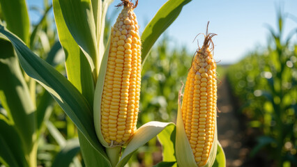 Fresh corn on cob golden kernels vibrant green leaves agricultural field sunny day healthy crop nature bounty summer harvest