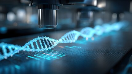 Genetic engineering theme, 3D - rendered CRISPR - Cas9 system cutting DNA double strands, sgRNA guide sequences labeled beside, background is a laboratory blue light operating table