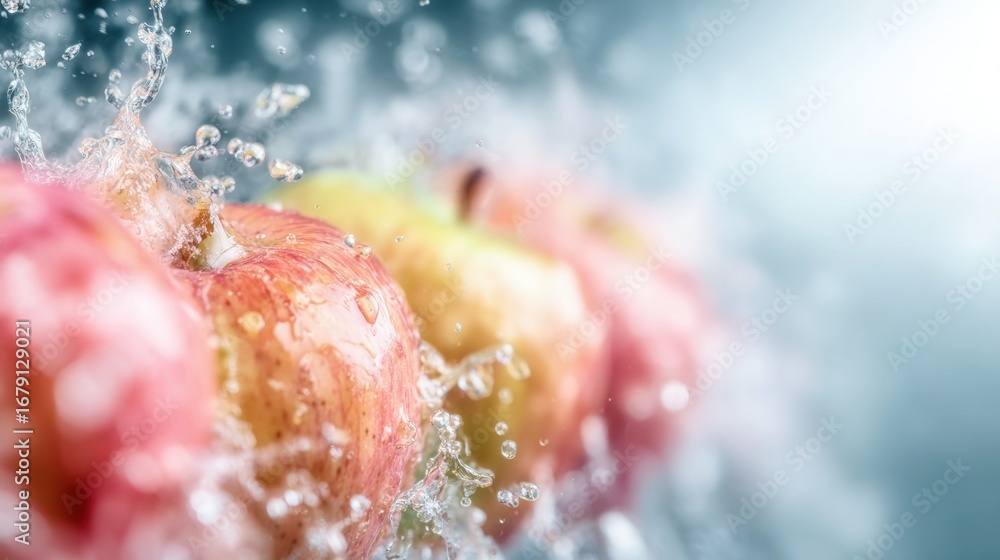 Poster fresh apples being washed under splashes of water in a colorful display