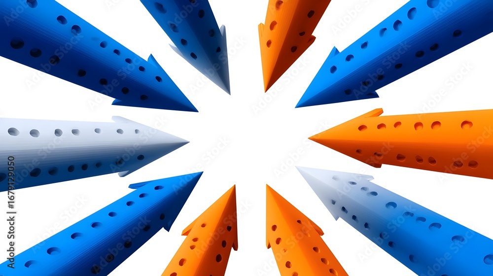 Poster striking abstract composition of dynamic blue and orange arrows arranged in a radial, symmetrical pa