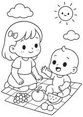 coloring book sister having picnic with baby brother on mat