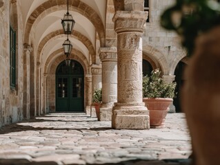 Fototapeta premium Traditional Italian architecture with rustic villas, courtyards and terraces. Mediterranean interiors with stone walls, wooden details and authentic Tuscan design