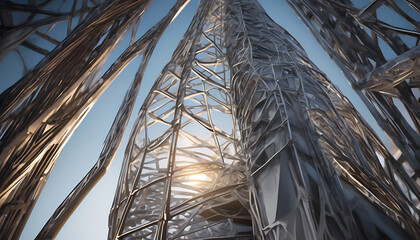 Futuristic Skyscraper Architecture with Intricate Metallic Facade Against Blue Sky