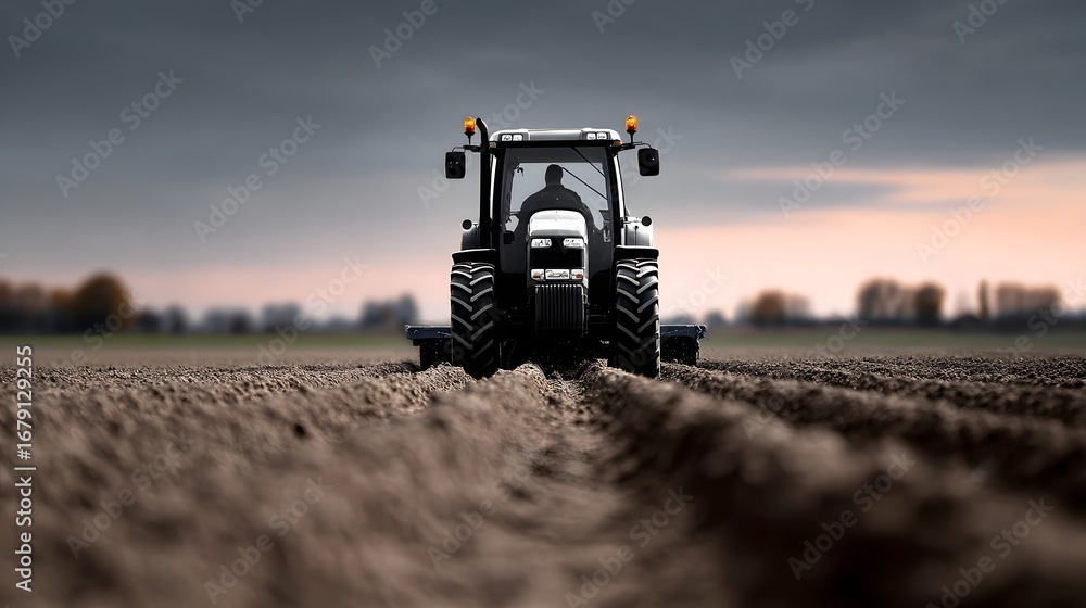 Poster a large black tractor making its way through a rural field, creating rows and cultivating the soil f