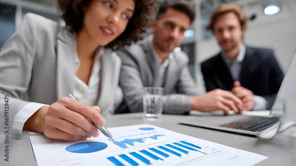 Poster a group of business professionals working together, discussing strategies and analyzing financial da