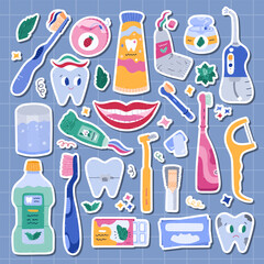 Big cartoon sticker set about dental care and stomatology for planners, notebooks. Ready for print list of lovely hand drawn stickers clipart of cleaning tools, tooth characters, oral care products.
