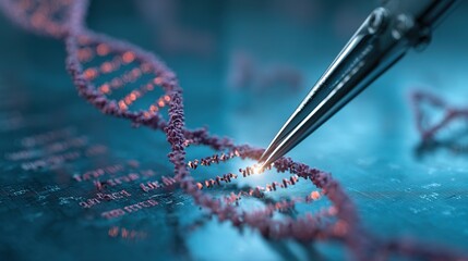 Genetic engineering theme, 3D - rendered CRISPR - Cas9 system cutting DNA double strands, sgRNA guide sequences labeled beside, background is a laboratory blue light operating table
