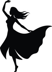Elegant silhouette of a graceful woman dancing with a flowing dress