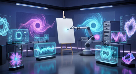 A futuristic art studio with a robotic arm painting on a canvas surrounded by holographic displays and glowing orbs