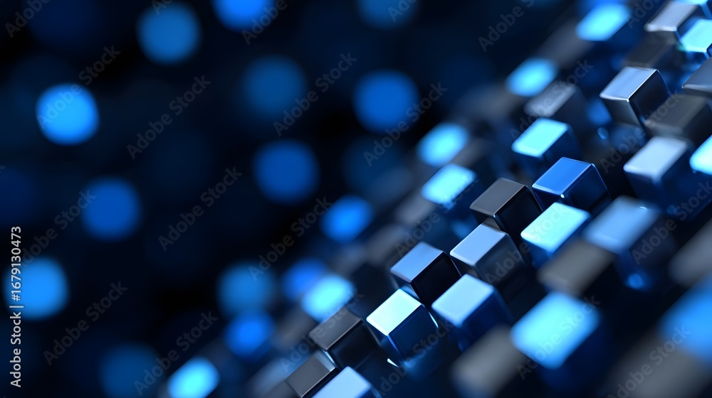 Poster vibrant, futuristic abstract background with glowing blue cubes and bokeh effect, creating a captiva