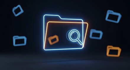 Fototapeta premium Neon folder icon with magnifying glass for digital search and data organization