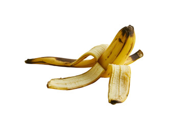 Peeled ripe banana with brown spots isolated on transparent background
