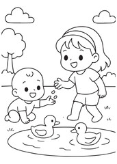 coloring book sister and brother watching ducks by pond