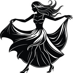 Elegant silhouette of a graceful woman dancing with a flowing dress
