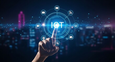 Fototapeta premium Futuristic iot network connection with human finger interaction and digital cityscape