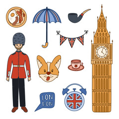 Lovely England and London colored doodle set with landmarks, symbols, emblems of UK. Funny hand drawn Big Ben clock tower, British guard of Queen, alarm clock for learning English isolated on white.
