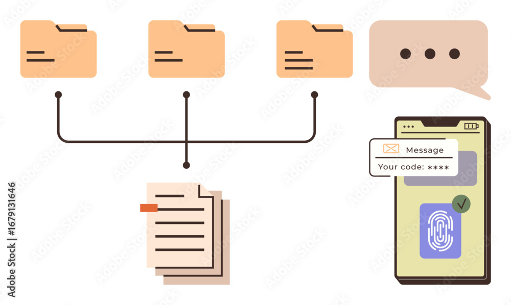 Poster file folders connected to documents, speech bubble, smartphone with fingerprint and 2fa message. ide