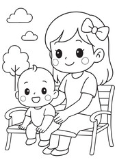 coloring book sister sitting on bench with baby brother