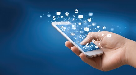 Hand holding a smartphone with digital icons