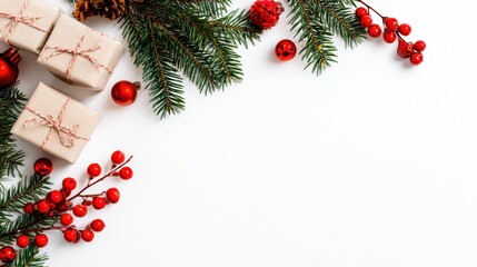 Christmas Magic White Background Composition Featuring Gifts, Fir Tree Branch, and Warm Holiday Atmosphere Ideal for Seasonal Marketing and Inspiring Creativity.