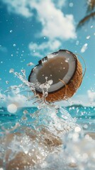 Coconut with milk splashes on the background of the sea beach with blue sky, exotic tropical background