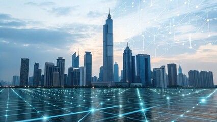 A futuristic city skyline with tall buildings, a digital overlay, and a grid pattern reflecting advanced technology and urban development.