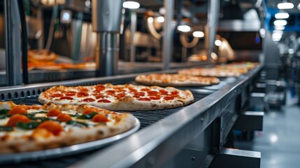 Fresh tasty pizza running on conveyor belt in a restaurant or factory