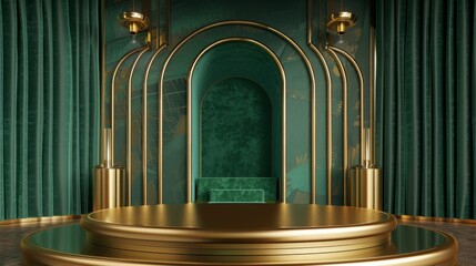 Product podium. Realistic empty green and golden pedestal mockup for cosmetics advertising. Minimal beauty scene. Cylindrical stage shape and ar deco style