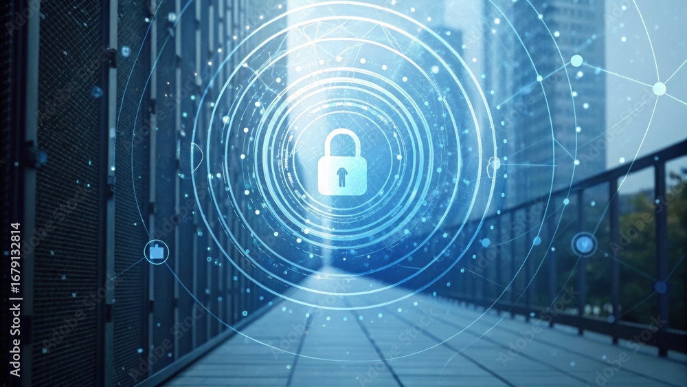 Poster a digital representation of a secure network with a padlock symbol, surrounded by data circles, set 