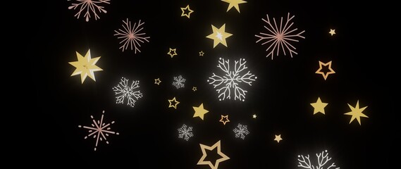 Beautiful winter background with gold stars and snowflakes on black. Perfect for Christmas, New...