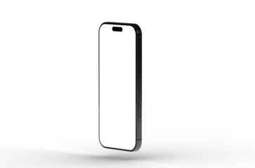 High-quality image of a black smartphone mockup with a blank screen, perfect for app presentations or website designs. Isolated on white backgr