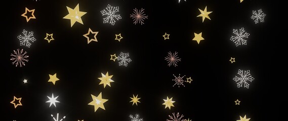 Festive holiday background with gold stars and snowflakes on black. Perfect for Christmas, New Year, winter holidays.