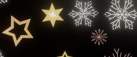 Festive background with golden stars and snowflakes on black. Perfect for Christmas, New Year, winter holidays.