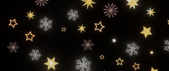 Festive background with gold stars and snowflakes on a black backdrop. Perfect for winter holidays designs.