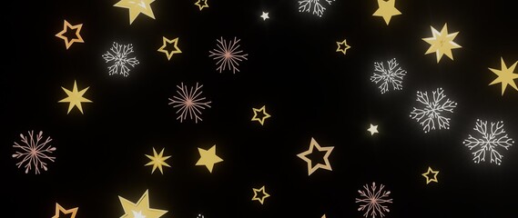 Festive winter background with gold stars and snowflakes on a black background. Perfect for Christmas, New Year, and winter holidays.