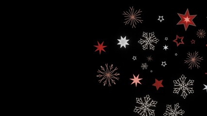 Festive holiday background with red and white stars and snowflakes on a black background. Perfect for Christmas cards or winter designs.