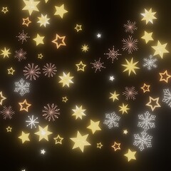 Glimmering gold stars and snowflakes on a dark background. Perfect for Christmas, winter, or holiday designs.