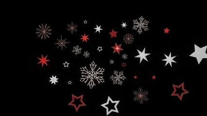 Festive Christmas and winter background with red and white stars and snowflakes on a black background. Perfect for holiday designs.